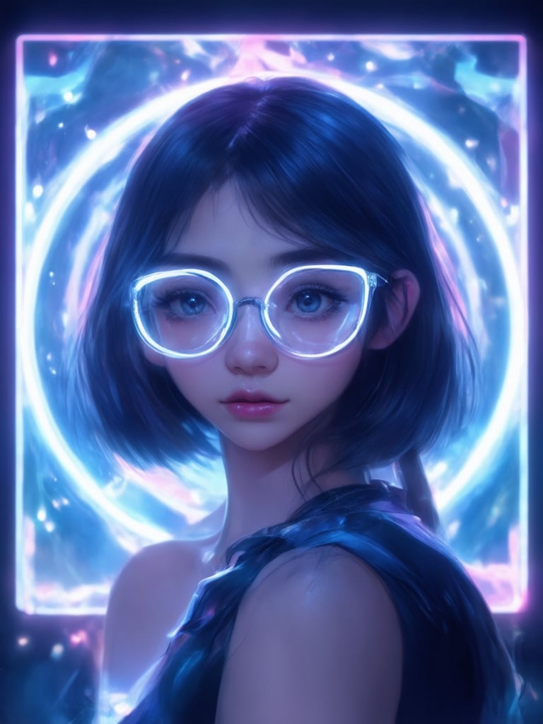 A captivating cyberpunk girl, wearing clear neon glasses, stands against a vividly lit, intricately detailed backdrop. Golden ratio-inspired composition guides the viewer's gaze to her enchanting face, with smooth, sharp focus on her mesmerizing eyes and delicate features. The lighting is masterful, showcasing rim light, subsurface scattering, and beautiful shading. Heartwarming and uplifting, this digital painting exudes a sense of charm, reminiscent of Artgerm and Loish's iconic works.