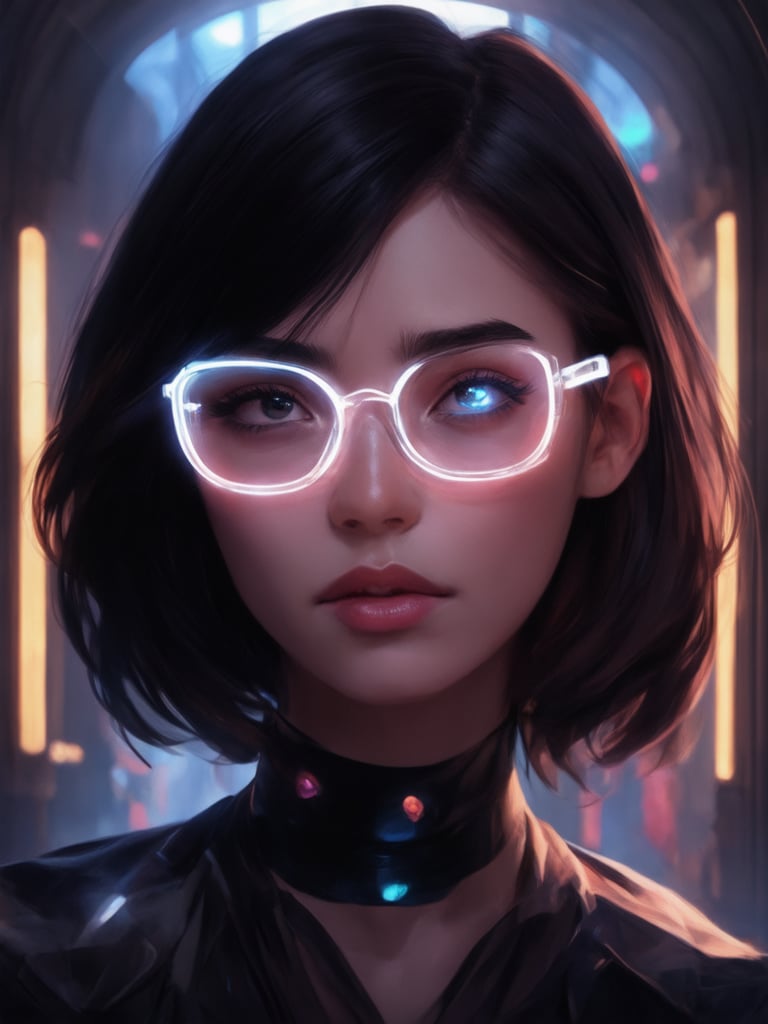 Against a richly textured cyberpunk backdrop, a captivating young woman dons clear neon glasses, her features illuminated by subtle light leaks. Golden ratio details in the architecture harmonize with the intricate patterns on her attire, while her eyes sparkle like precious gems. Shot in 32k UHD, this digital painting masterpiece boasts smooth, sharp focus and ever-so-detailed eyes and face. Inspired by the works of Artgerm, Loish, and Wlop, this concept art showcases a charming, heartwarming, and uplifting vision of cyberpunk fantasy.