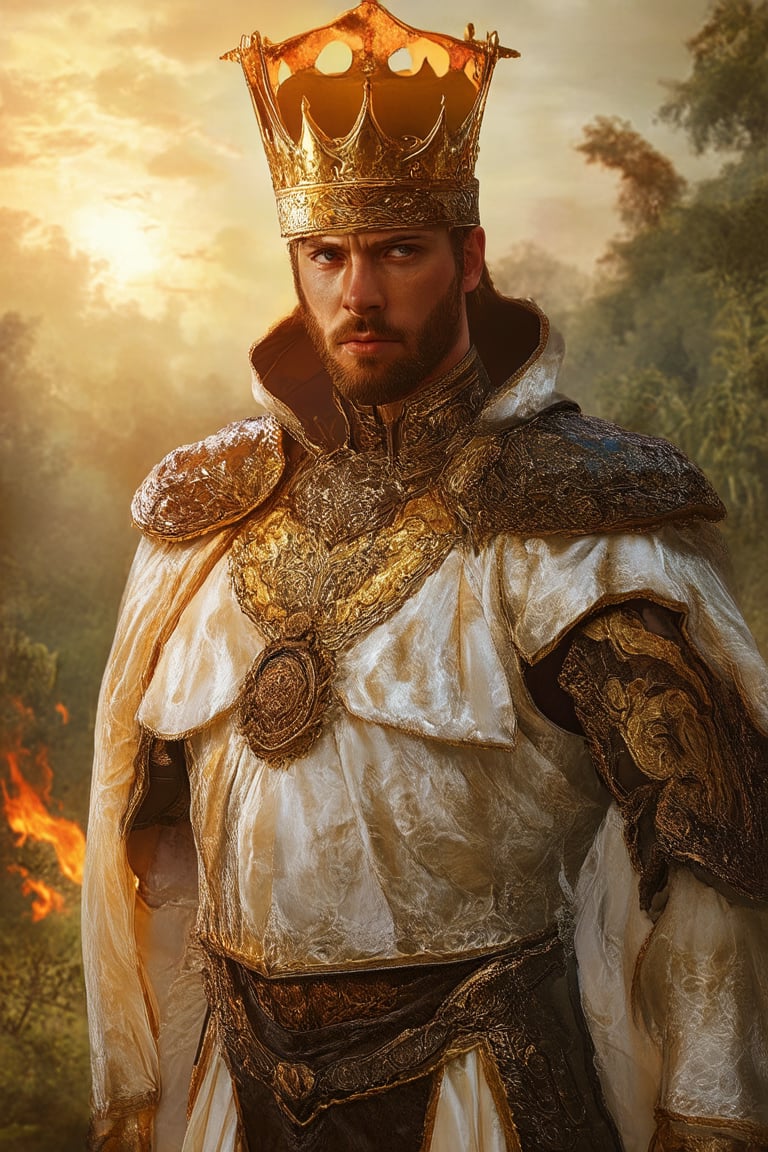 A majestic king, cloaked in regal finery, stands proudly against a fiery sunset backdrop. His golden crown and ornate armor glint warmly as he gazes out upon a lush, mystical forest. The camera frames him heroically from the waist up, with the sun's rays casting a dramatic glow on his powerful features.