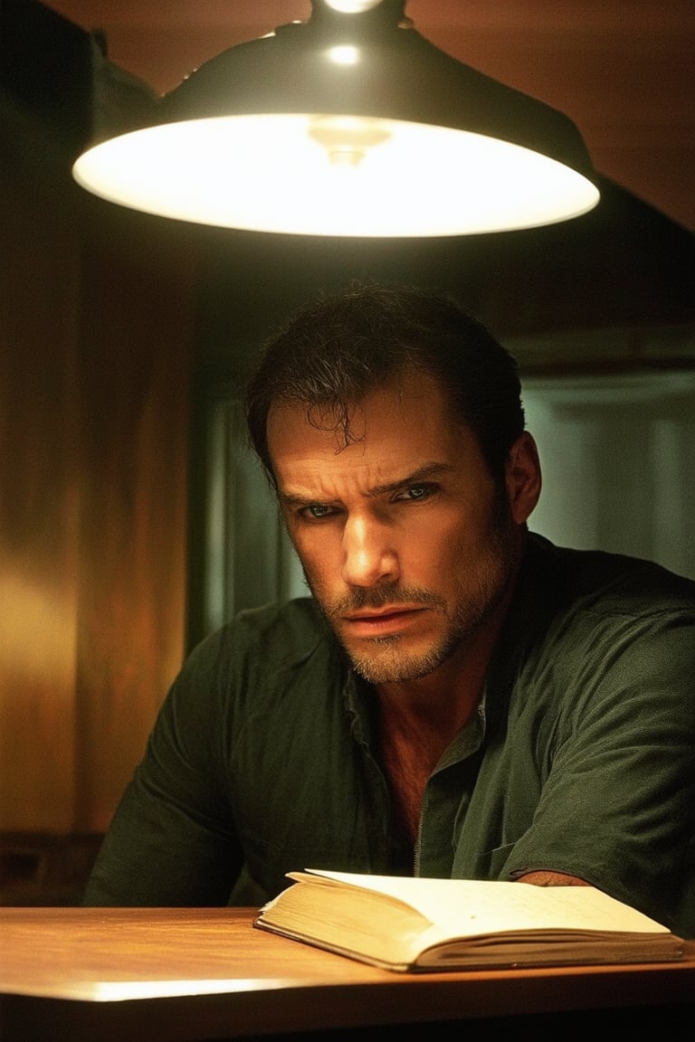 A close-up shot of Jero's determined face, lit by a soft overhead light, captures his intense gaze as he focuses on his task. His rugged features and strong jawline are framed by the wooden table and worn leather book in front of him, conveying a sense of concentration and intellectual pursuit.