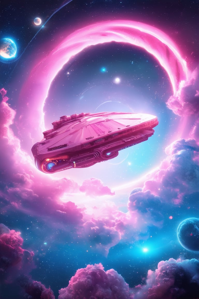 A futuristic 3D pink space scene: a swirling vortex of neon pink gas swirls through a starry galaxy, with planets and stars rendered in vibrant pink hues. A spaceship, glowing bright pink, pierces the cosmic clouds, its engines blazing like hot coals as it soars through the rosy expanse.