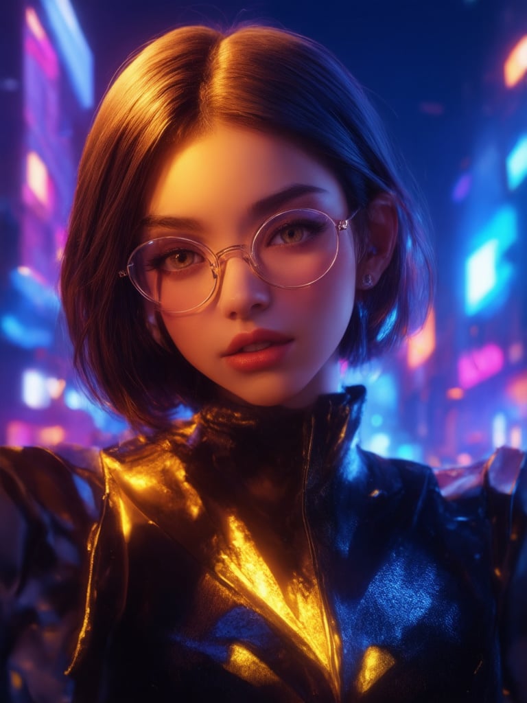 In a neon-drenched cyberpunk metropolis, a captivating girl with clear glasses glows like a beacon. Framed against a deep blue-purple sky, her intricate, decadent attire sparkles with golden ratio details. 32K UHD rendering brings her detailed eyes and face to life, exuding warmth and charm. Octane Render's smooth, sharp focus captures every nuance as she poses confidently, surrounded by vibrant complementary colors and subtle light leaks. Subsurface scattering and rim lighting enhance the depth of her features, set against a beautiful background that seems to pulse with energy.