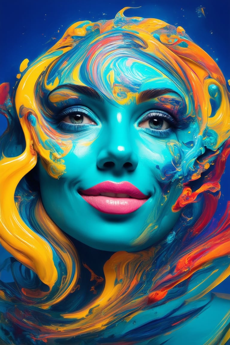 A vibrant, 3D-rendered face with bold, swirling colors engulfing every feature. The subject's skin glows with a mesmerizing turquoise hue, while bright pink lips curve into a cheerful smile. Yellow and orange hues dance across the eyes, casting a warm glow on the surrounding features. The entire composition is set against a deep blue background, creating a stunning visual contrast that draws the viewer in.