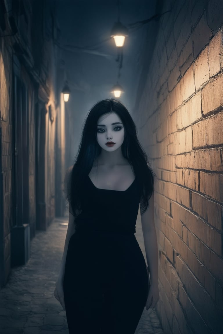 A dimly lit alleyway shrouds the scene in mystery as a stunning woman with porcelain skin and raven hair poses eerily still against a brick wall. Her eyes gleam like polished onyx, piercing through the shadows. The only light comes from a distant streetlamp, casting long silhouettes across her features.