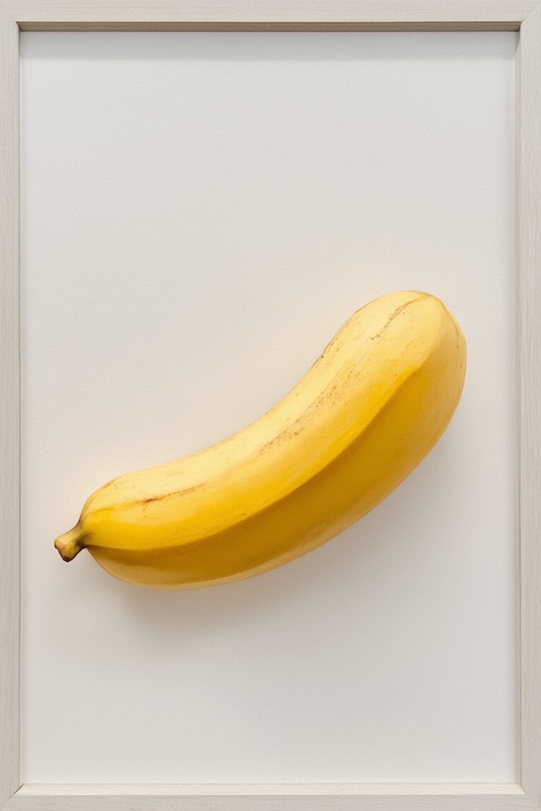 Render a vivid yellow-orange hue as the dominant color in a visually striking composition. A minimalist white background serves as a stark contrast to the warm, sun-kissed tones of a still life arrangement featuring a single, perfectly ripened banana placed at the center. Soft, golden lighting gently wraps around the subject, emphasizing its smooth texture and natural curves. Framed within a shallow depth of field, the banana appears to pop against the clean white backdrop, as if suspended in a ray of sunshine.