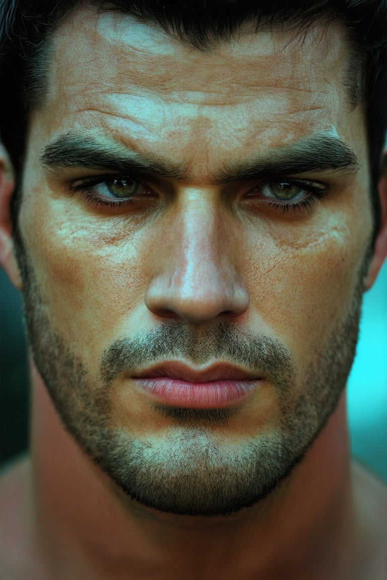 A dramatic close-up of Jero's rugged face, with a hint of stubble framing his determined expression. The soft focus highlights the texture of his weathered skin, while the shallow depth of field isolates him against a blurred background. His eyes seem to bore into the soul, radiating intensity and conviction.