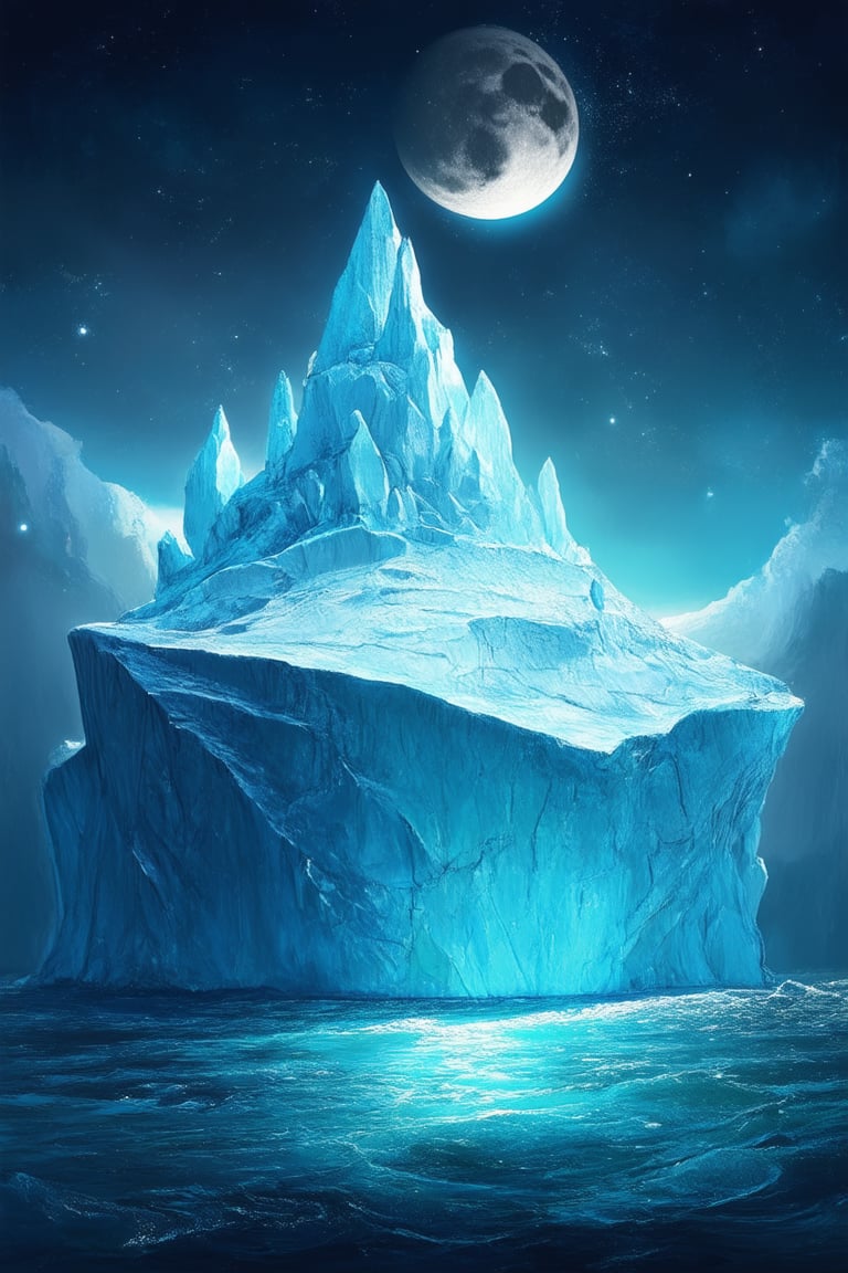 A majestic iceberg rises from the mystical depths of a whimsical ocean, its crystalline spires glistening like shards of stardust under the soft, ethereal glow of a lunar crescent. The surrounding waters shimmer with an otherworldly luminescence, as if infused with the essence of dreams. The iceberg's contours evoke ancient mythical creatures, frozen in time.