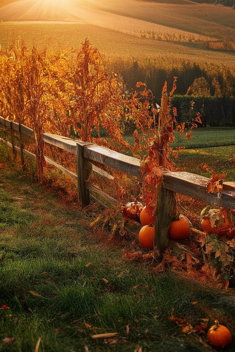 Golden light of autumn filters through the rustic wooden fence, casting a warm glow on a picturesque farm scene. A serene landscape unfolds with rows of ripe orange pumpkins and corn stalks swaying gently in the crisp breeze. The sun's rays dance across the rolling hills, illuminating a blanket of vibrant leaves in shades of amber and crimson.