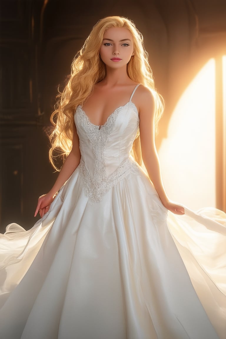 A majestic, regal beauty stands confidently, her long golden locks cascading down her back like a river of sunshine. Her porcelain skin glows softly, illuminated by a warm, gentle light that accentuates the definition of her facial features. A flowing white gown clings to her curves, with delicate lace trim and a subtle sparkle that hints at mythological grandeur.