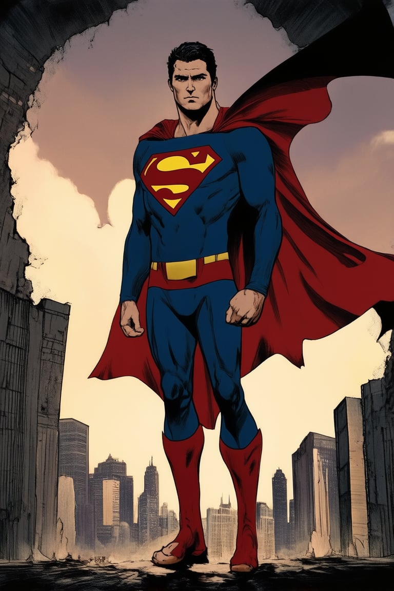 A gritty cityscape at dusk sets the tone for a bold DC Comics illustration. The iconic Superman logo on a crumbling wall serves as a backdrop for the Man of Steel himself, standing tall in a heroic pose. His cape flows dramatically in the wind, with the Bat-Signal shining bright behind him. Dark clouds gather, hinting at an impending battle.