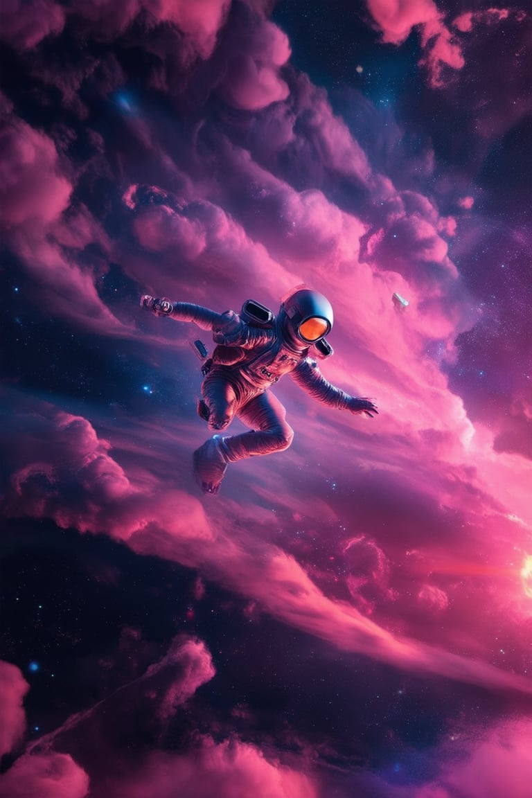 A futuristic 3D space with vibrant pink hues dominates the frame, illuminated by soft, pulsing neon lights. A sleek, silver spaceship orbits in the distance, surrounded by swirling clouds of pastel pink gas. In the foreground, a lone astronaut floats in zero gravity, their suit glowing with a gentle pink luminescence.