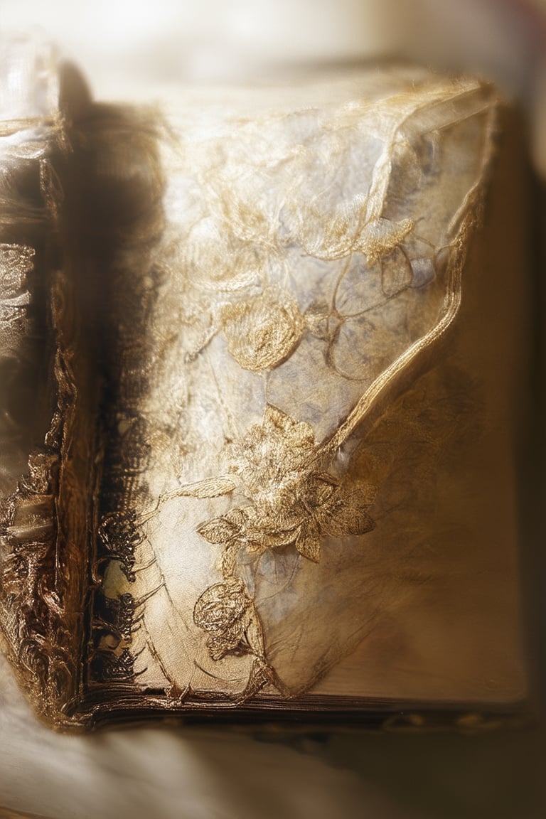 A cinematic close-up captures a worn leather-bound book with ornate gold filigree and faded pages, as if plucked from the depths of a dusty library. Soft focus and warm lighting evoke a sense of nostalgia, while the worn cover tells the story of countless stories told.