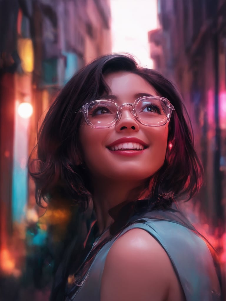 In a neon-drenched alleyway, a cyberpunk girl with clear glasses, adorned with intricate details, gazes upwards with a charming smile. The golden ratio guides the composition as she poses confidently, surrounded by vibrant complementary colors and subtle light leaks. Rim lighting accentuates her features, while subsurface scattering adds depth to her eyes. Sharp focus on her face and the octane render's highest quality texture bring out the intricate details, making this digital painting a true masterpiece in UHD (32k).