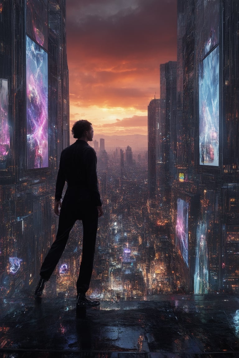 A futuristic cityscape at dusk, with holographic advertisements swirling above a sprawling metropolis. A lone figure, dressed in a sleek black jumpsuit, stands at the edge of the city's central square, gazing up at the holo-displays as they flicker and dance around her. The sky is ablaze with hues of crimson and orange, casting a warm glow over the scene.