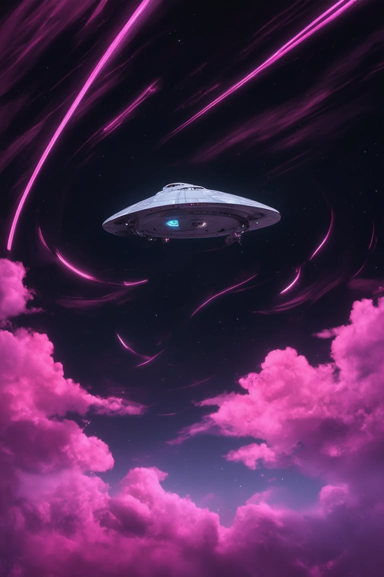 A futuristic 3D pink space with vibrant hues of fuchsia and magenta dominating the scene. A swirling vortex of neon pink clouds fills the foreground, with a sleek silver spaceship hovering above. Soft, pulsing lights illuminate the darkness, casting an otherworldly glow on the starry black background. The composition is balanced by a subtle gradient of pinks, with the spaceship's sleek lines and the clouds' wispy tendrils creating dynamic visual interest.