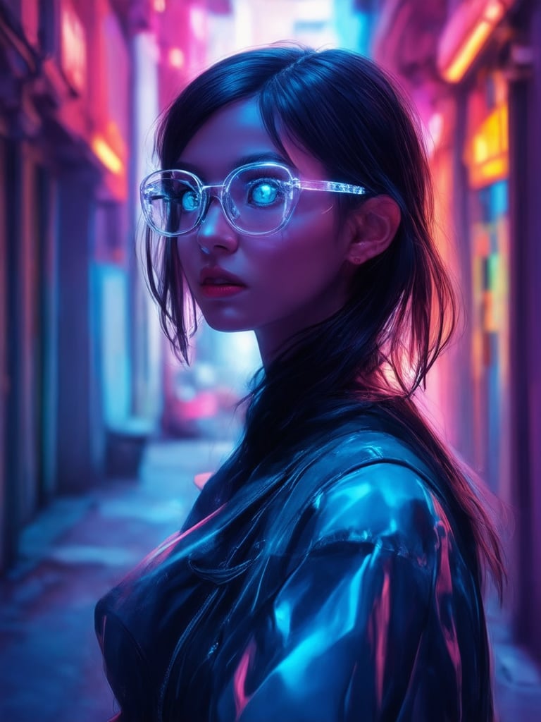 In a neon-lit alleyway, a captivating cyberpunk girl stands tall, wearing clear glasses that glow with an otherworldly aura. Framed by intricate details following the golden ratio, she exudes charm and charisma. Her face is a masterpiece of detailed features, with eyes that sparkle like diamonds in a 32K UHD digital painting. The smooth, sharp focus accentuates her striking features as she gazes into the distance, surrounded by vibrant complementary colors and beautiful lighting that showcases rim light and subsurface scattering.