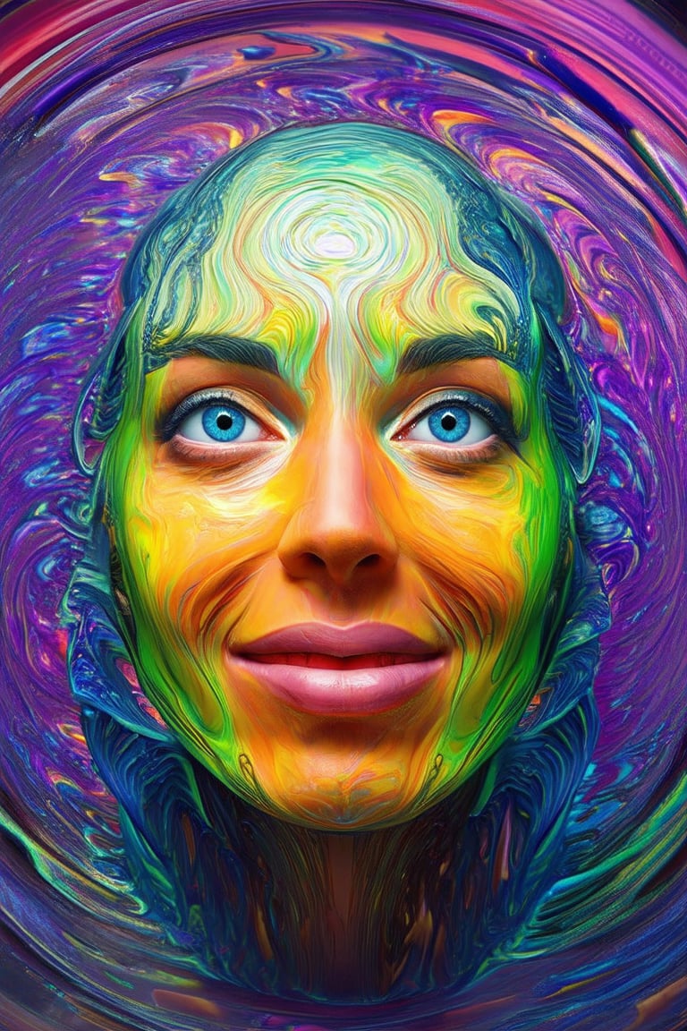 A vibrant 3D portrait of a person's face, rendered in a kaleidoscope of colors. The subject's features are stylized and exaggerated, with bright blue eyes and a mischievous grin. A swirly purple and green background swirls behind the face, creating a mesmerizing optical illusion.