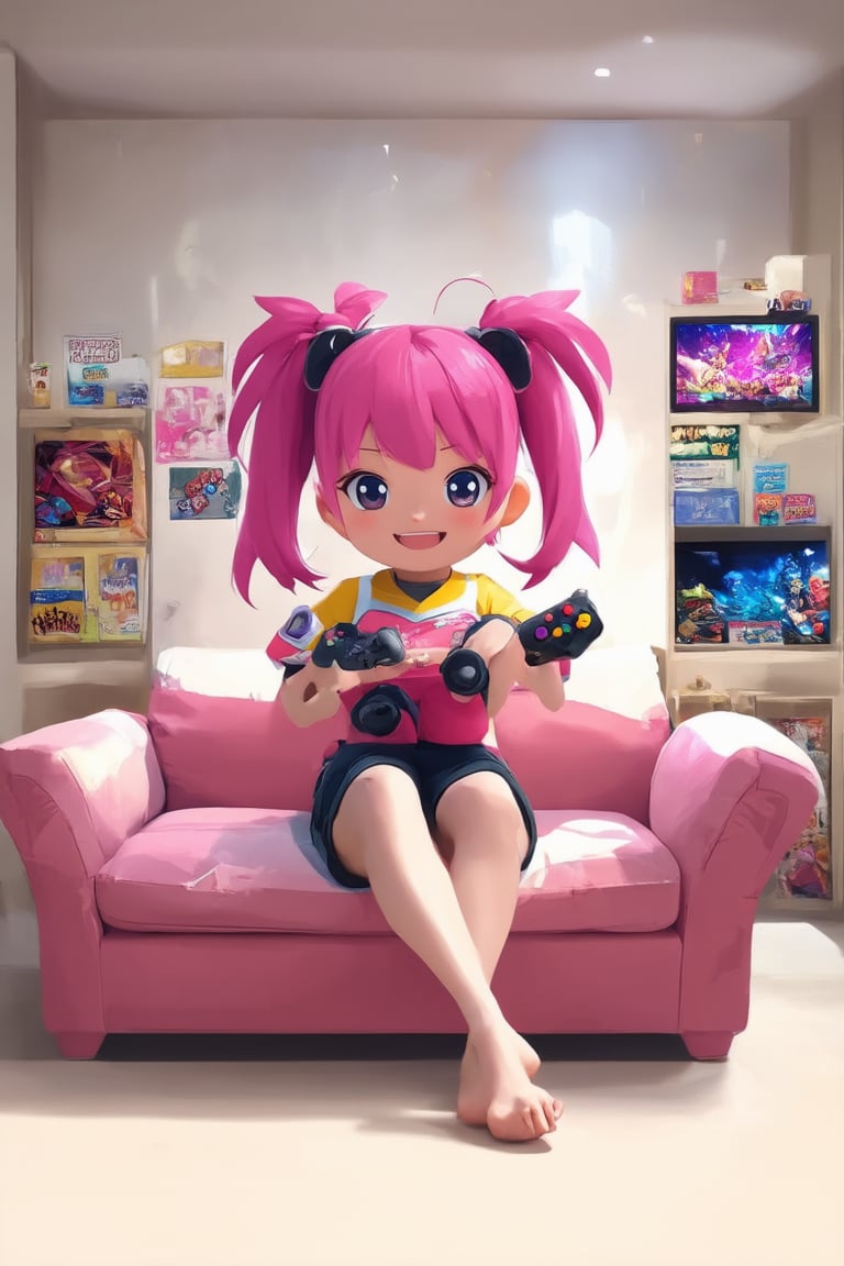 A gamer sits crossed-legged on a plush couch, surrounded by colorful gaming controllers, screens, and snacks. The character's anime-inspired design features bright pink hair tied in pigtails, with a mischievous grin as they hold a controller aloft in triumph. Soft lighting highlights the gamer's joyful expression, while a warm beige background and subtle gradient effects enhance the cozy atmosphere.