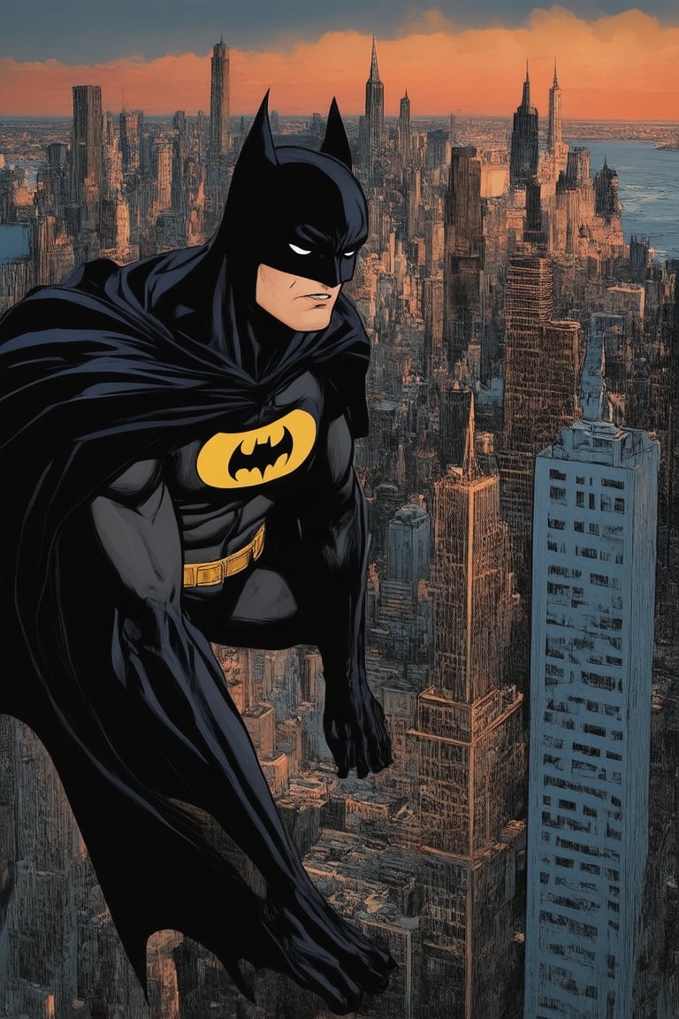 A darkened Gotham Cityscape at sunset, Batman perched atop a skyscraper's ledge, his iconic cowl gleaming in the fading light. The Bat-signal shines bright on the city's waters, as the Caped Crusader gazes out upon the metropolis, his eyes fixed on the shadows below. The DC Comics logo emblazoned across the top of the image.