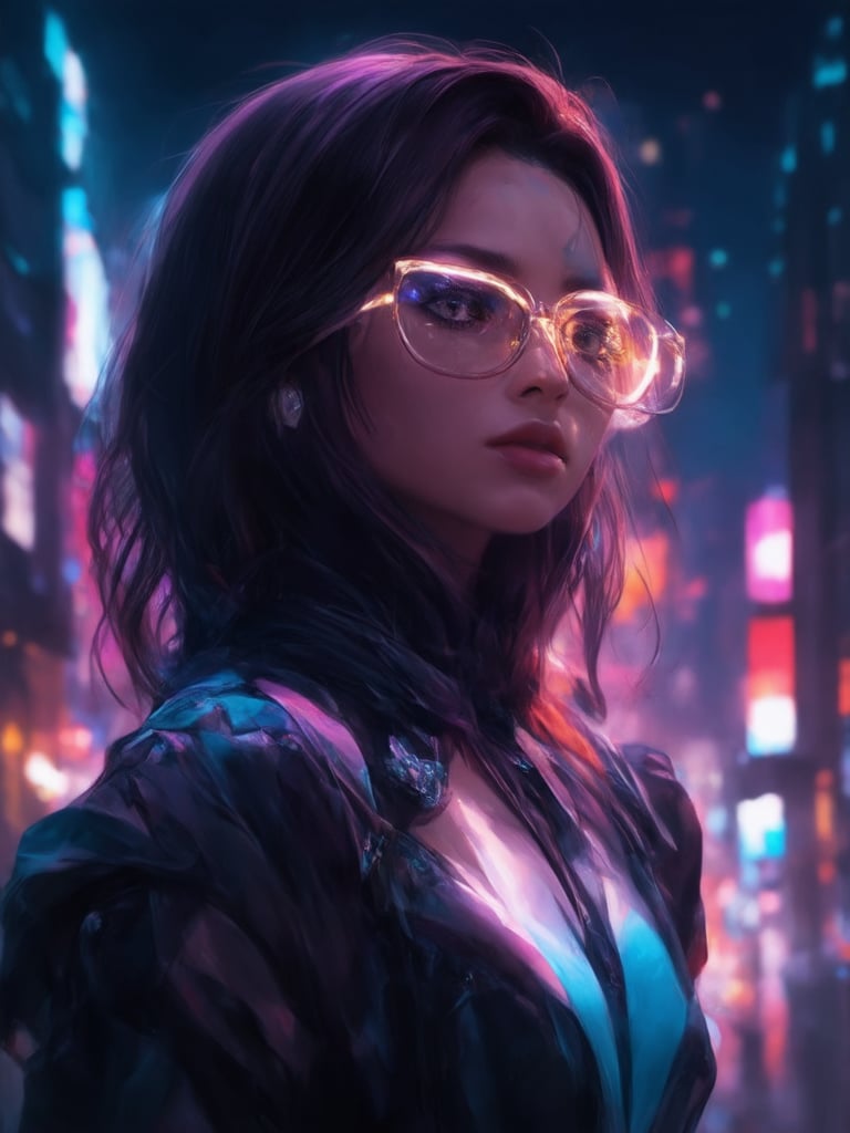 Against a backdrop of neon-lit cityscapes, a cyberpunk girl with clear neon glasses gazes into the distance. Golden ratio details adorn her intricate, decadent attire, as she stands in a state of perfect balance. In 32K UHD resolution, every fiber of her being is rendered in exquisite detail. With a sharp focus and smooth finish, this digital painting masterclass by Artgerm, Loish, or Wlop transports viewers to a world of fantasy and wonder. Heartwarming, uplifting, and charming, the subject's detailed eyes sparkle like diamonds under the warm glow of light leaks, subsurface scattering, and rim lighting. The vibrant complementary colors of her attire pop against the deep background, creating a stunning work of art that is truly a masterpiece.