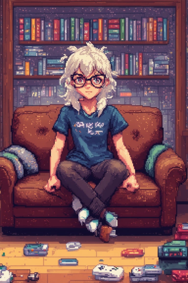 A gamer's paradise: a bespectacled, pixel-loving art character sits cross-legged on a worn-out gaming couch, surrounded by scattered game controllers and stacks of manga books. The warm glow of the LED screen illuminates their determined face as they intensely focus on a pixelated quest. Softly lit with a pastel hue, the cozy room is filled with nostalgic charm.