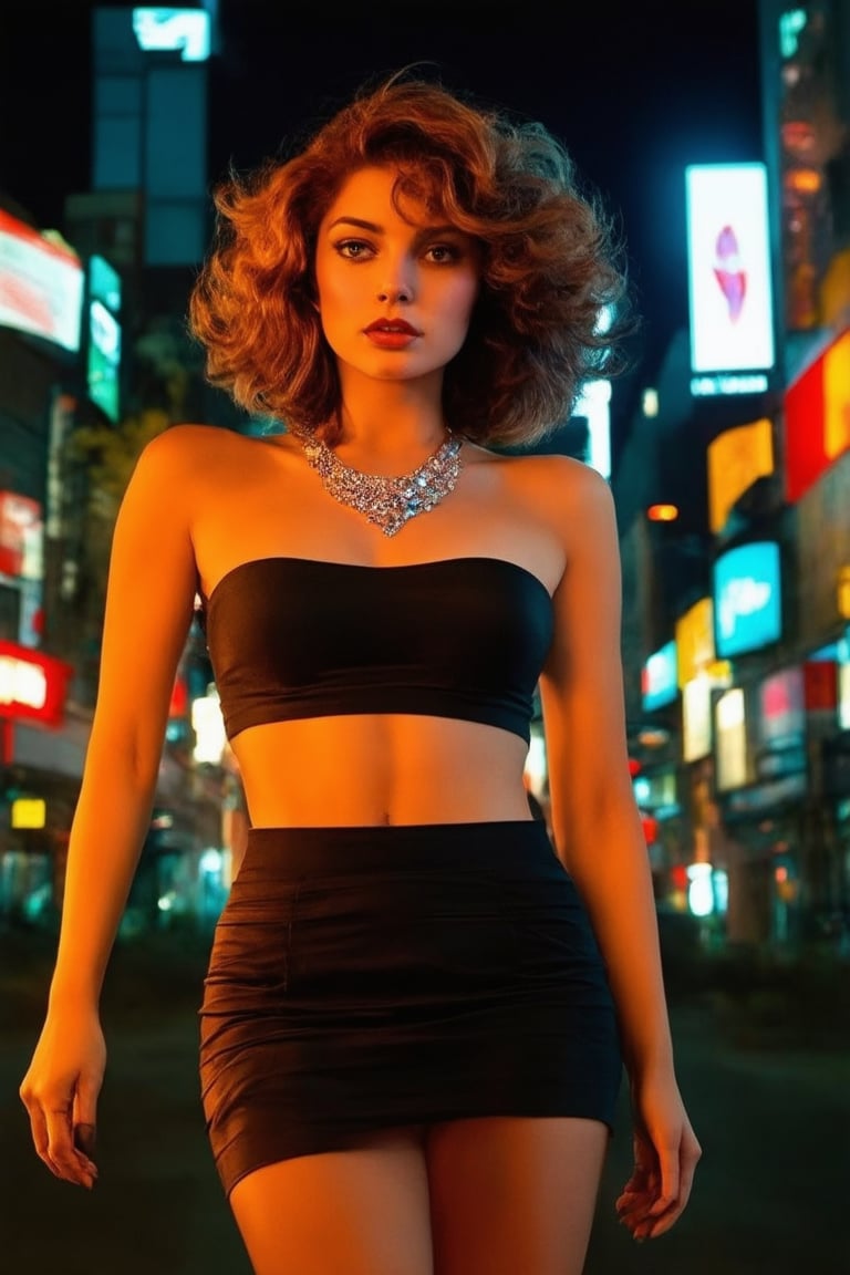 A nostalgic beauty shot: A stunning 80s-inspired model posing confidently in a bold, neon-lit setting. She's dressed in a fitted, high-waisted miniskirt and oversized, flashy jewelry. The camera captures her striking features against a vibrant cityscape at dusk, with sleek skyscrapers and retro-style billboards. Soft focus highlights her smooth skin and big hair, while a warm glow illuminates the scene.