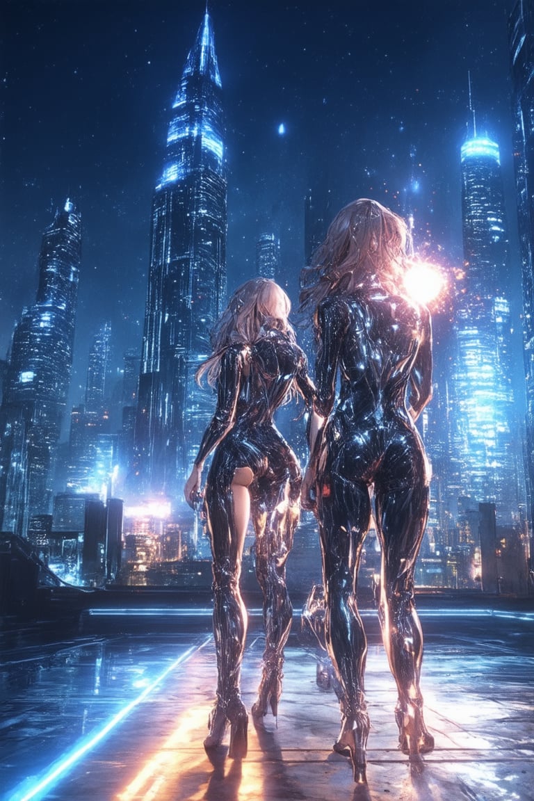 A futuristic cityscape at dusk, with neon-lit skyscrapers reflecting off a sleek, silver spaceship landing in the distance. Two space girls, dressed in metallic jumpsuits and high-heeled boots, emerge from the ship's entrance, their long hair flowing like solar flares as they gaze out at the city. One hand holds a glowing orb, while the other grasps a compact fusion blaster.