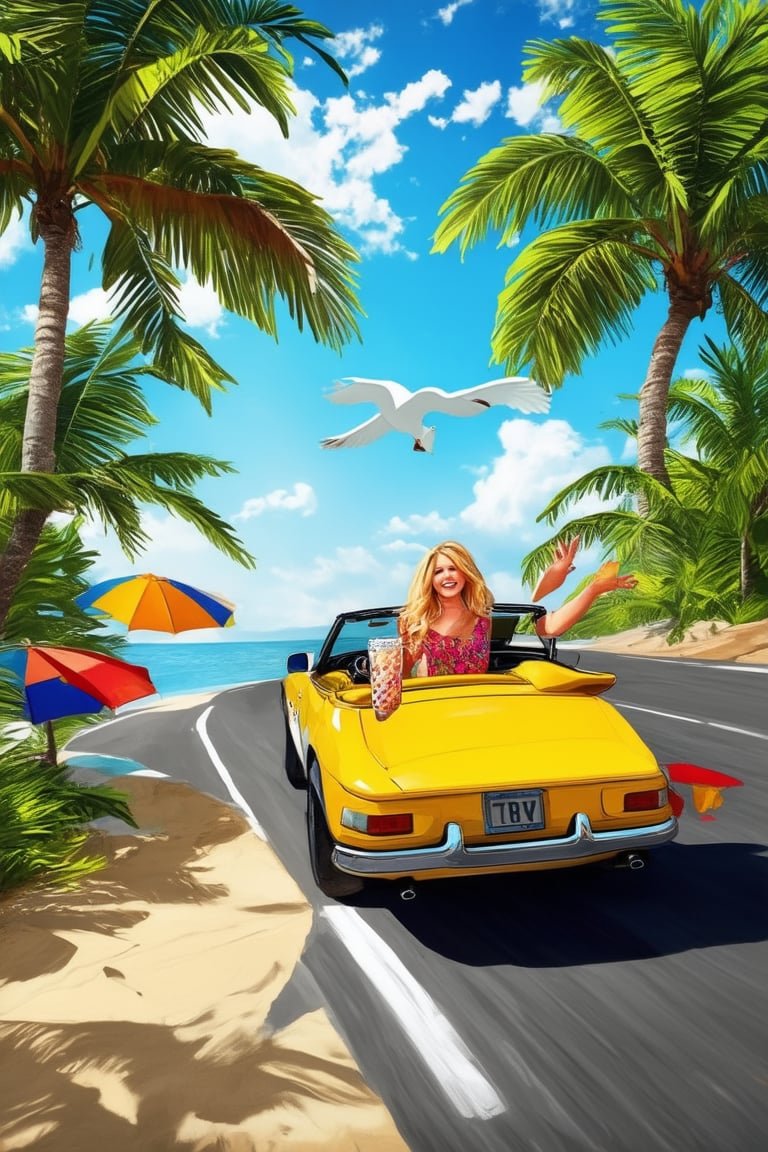 A warm sun-kissed day. A vibrant yellow convertible, top down, speeds along a winding coastal road lined with lush green palm trees and colorful beach umbrellas. The driver, a smiling young woman with flowing blonde hair, holds a cold drink and gestures to the open sky. Sunlight glints off the car's chrome trim as seagulls soar overhead, adding to the carefree summer atmosphere.