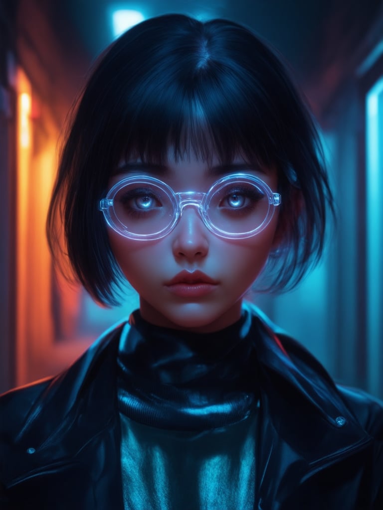 In a neon-drenched cyberpunk alleyway, a captivating girl dons clear glasses that glow like tiny beacons. Her striking features are framed by the golden ratio's harmonious proportions, as if plucked from an octane-rendered dream. The 32K UHD illustration shines with smooth details and sharp focus, rivaling masterpieces on ArtStation. Her eyes sparkle like gemstones, illuminated by subsurface scattering and rim light, set against a deep, vibrant background that pops with complementary colors. (heartwarming, uplifting, charming)