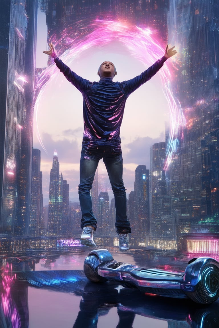 A futuristic cityscape at dusk, with holographic advertisements dancing in mid-air. In the foreground, a lone figure - Holo Dyss - stands atop a sleek, silver hoverboard, arms outstretched and eyes closed, as if embracing the swirling digital vortex. Neon lights from skyscrapers cast a vibrant glow on his cybernetic faceplate.