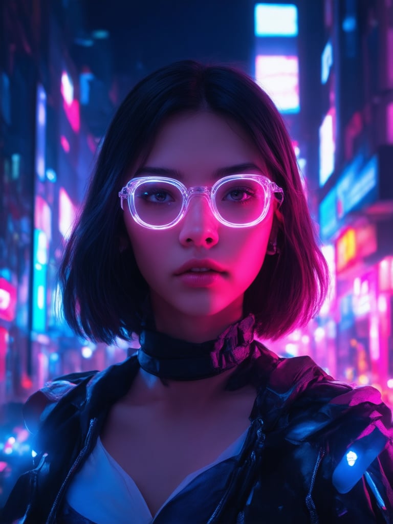 In a neon-drenched cyberpunk cityscape, a mesmerizing girl stands out, wearing clear glasses that glow like beacons in the dark. Her golden ratio proportions are showcased as she confidently gazes directly at the viewer, her face bathed in smooth, sharp focus lighting. The intricate details of her costume and surroundings pop against the deep background, where vibrant complementary colors dance. Rim light casts a flattering glow on her features, while light leaks and subsurface scattering add depth to the overall masterpiece.