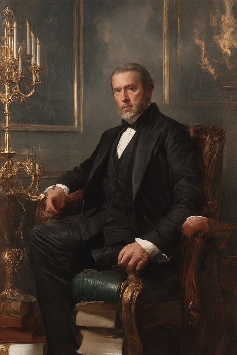 A cinematic portrait of a legendary figure in a timeless setting: a dimly lit, smoke-filled room with leather-bound books and ornate candelabras. The subject sits regally, dressed in a classic three-piece suit, surrounded by symbols of their mythic status. A warm golden light illuminates the scene, casting long shadows across the walls as they gaze out at the viewer with an air of quiet authority.