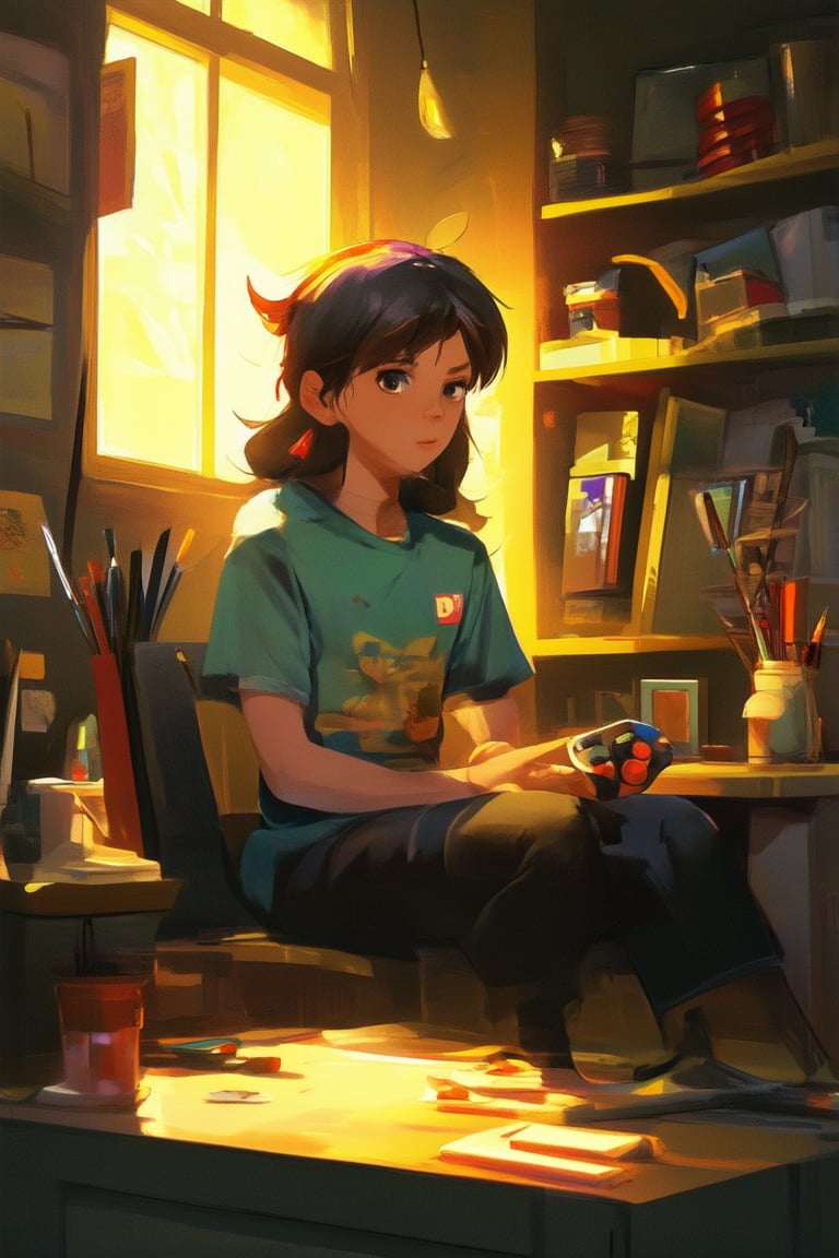 A whimsical illustration of an art character gamer, sitting in a cozy dimly lit study with warm golden lighting casting a soft glow on their determined face. They're surrounded by scattered paints, brushes, and canvases as they intensely gaze at a vintage gaming console, a controller clutched firmly in hand.