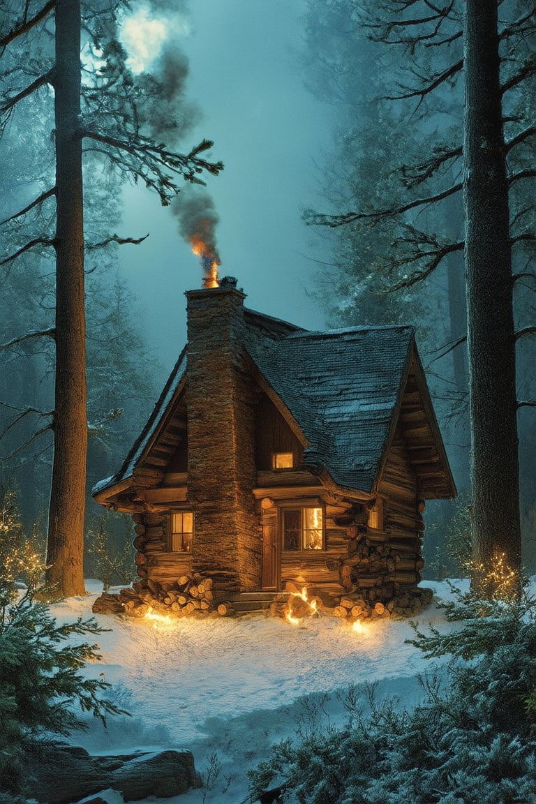 An aerial view of Jero's rustic cabin in the woods: sunlight filters through the forest canopy, casting a warm glow on the wooden structure. Smoke rises from the chimney, carrying the scent of burning wood and freshly baked bread. The surrounding trees are adorned with mistletoe and twinkling lights, creating a whimsical atmosphere.