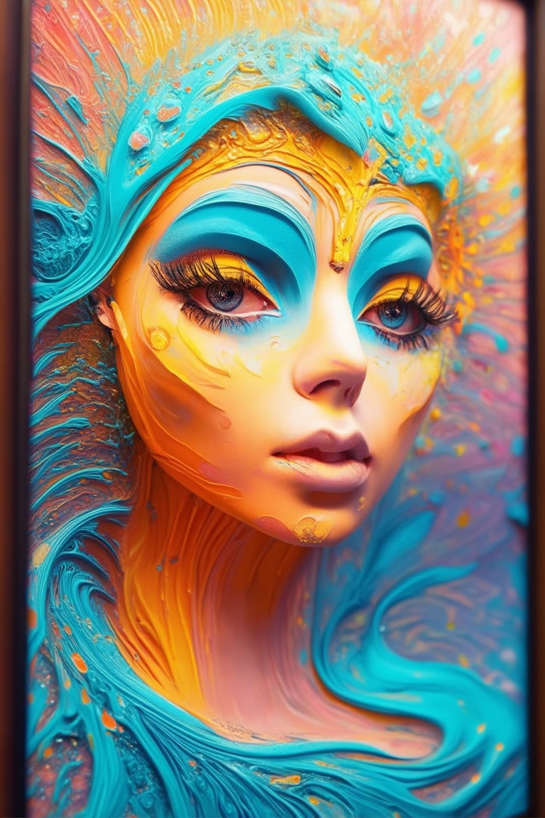 A vibrant 3D image of a bright-colored face with swirling patterns of turquoise, orange, and yellow hues. The subject's eyes gleam like polished gemstones, surrounded by thick lashes and arched eyebrows that dance across the forehead. The face is framed against a gradient background of pastel pinks and blues, creating a whimsical atmosphere.