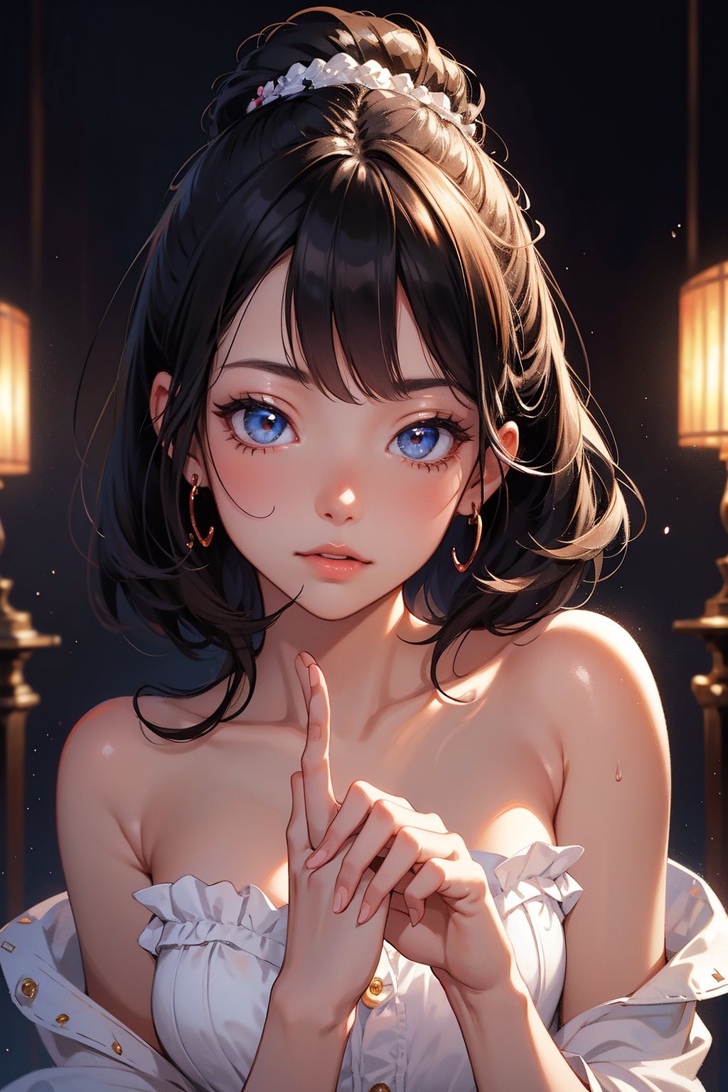 A masterpiece of surreal beauty, a captivating portrait of a single girl exudes cuteness as she signs with an intricately detailed 'V' shape hand gesture in a stunning close-up shot, bathed in soft, mystical lighting that accentuates the delicate features and subtle expressions, surrounded by an ethereal aura.