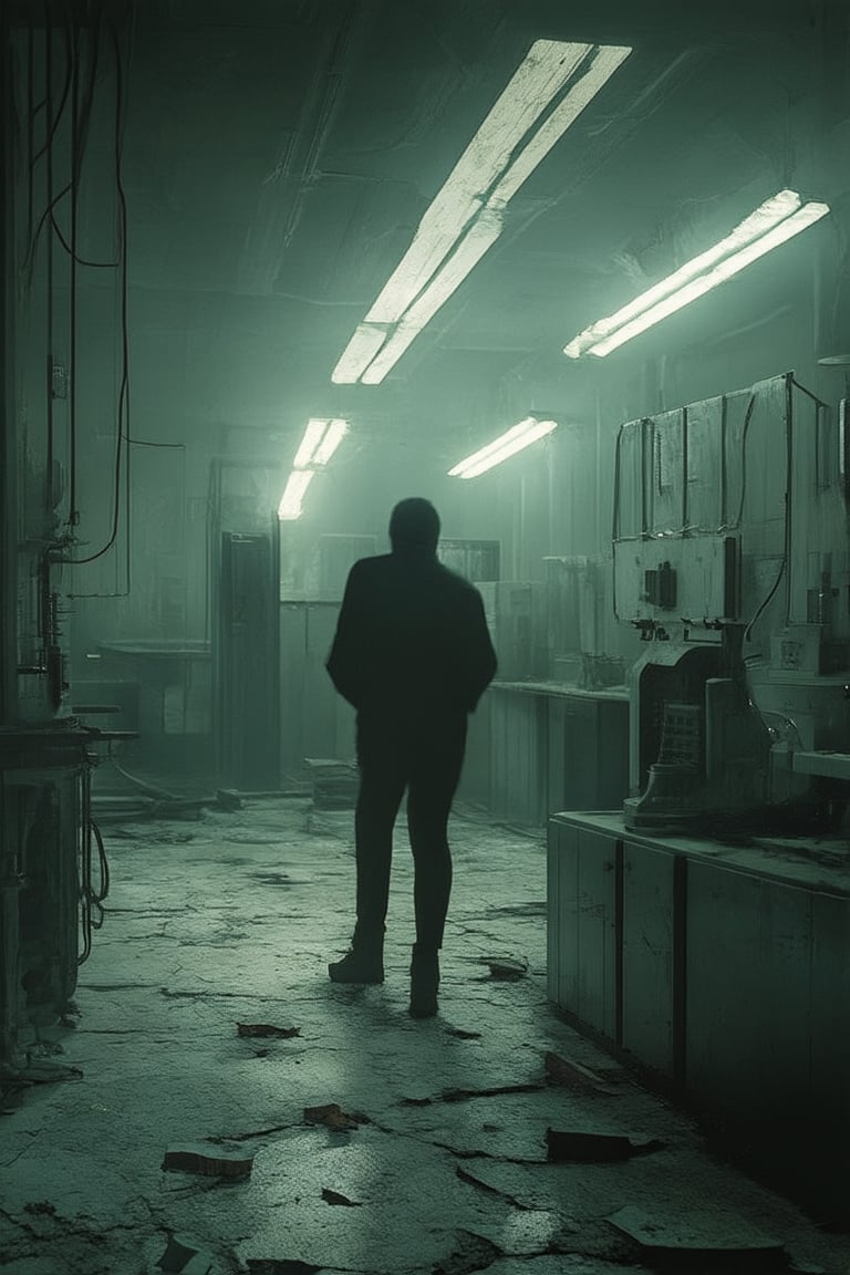 A dimly lit, eerie atmosphere prevails in a mysterious, abandoned laboratory where shadows dance across worn machinery and cracked concrete floors. In the foreground, a lone figure stands silhouetted against the faint glow of flickering fluorescent lights, surrounded by the remnants of forgotten experiments.