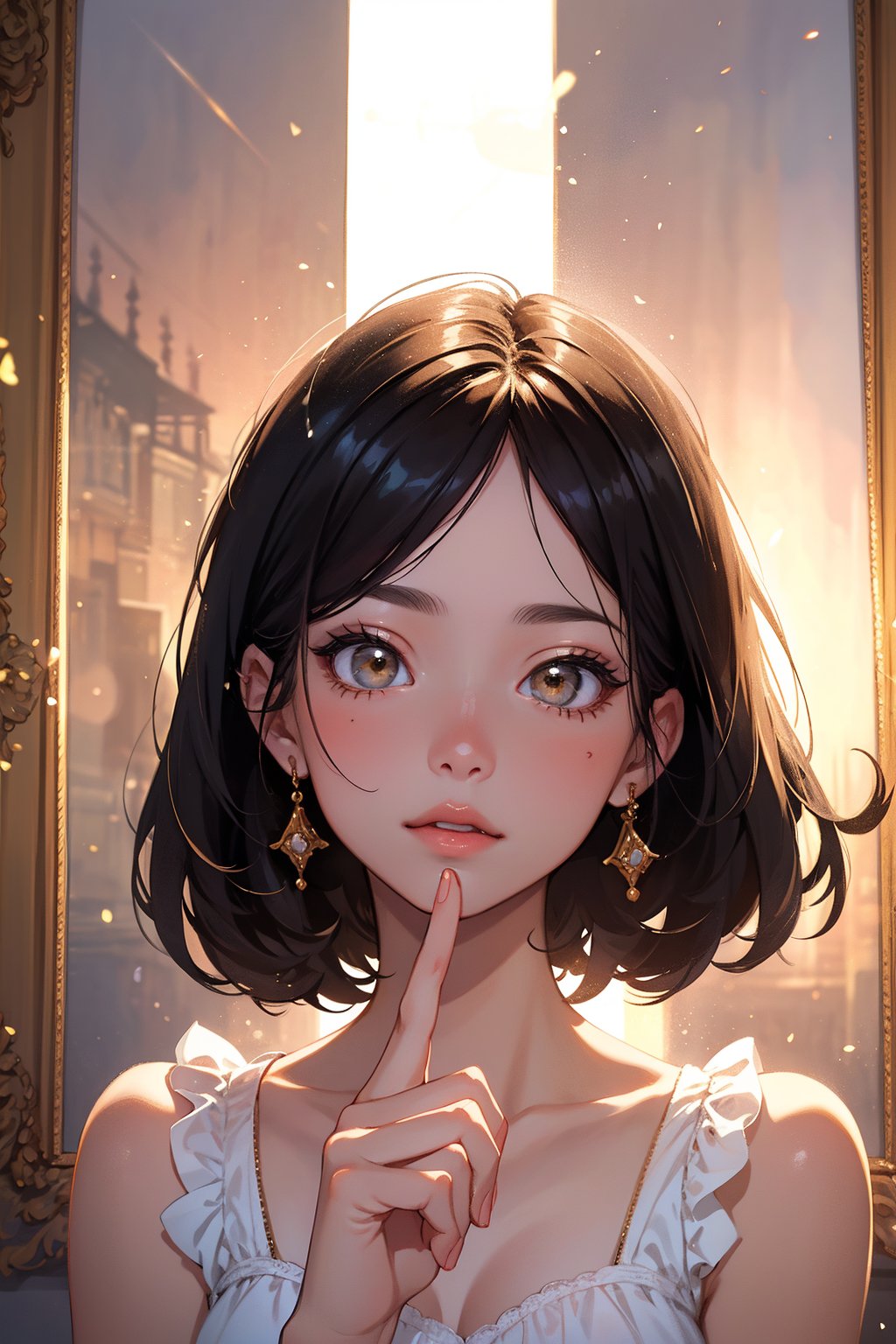 A delicate, surreal masterpiece of a young girl's portrait, radiating an aura of cuteness, as she adorns the frame with a dainty 'V' shaped hand gesture. The camera captures her face in a tight, close-up shot, emphasizing intricate details like eyelashes and lip curves. Soft, golden lighting illuminates her features, as if bathed in a warm, ethereal glow.