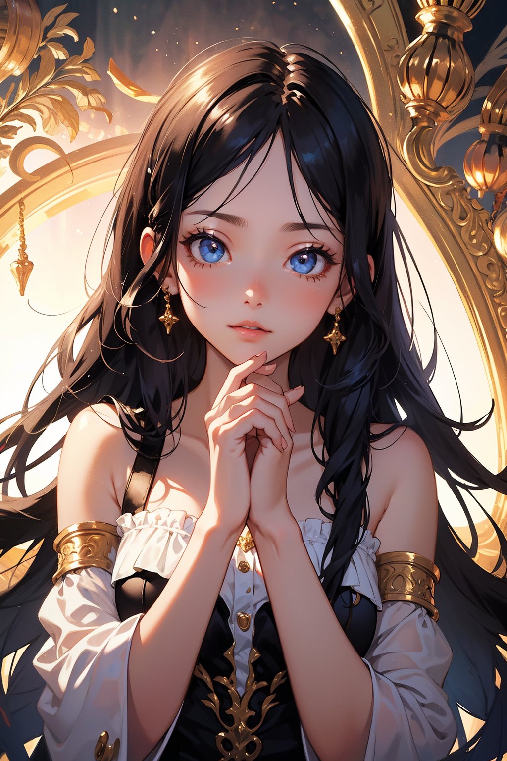 A mesmerizing masterpiece of a young girl's captivating face fills the frame, as she delicately forms a 'V' with her hands in a surreal, dreamlike atmosphere. The lighting is soft and golden, highlighting the intricate details on her skin. Her eyes sparkle with an air of innocence and sweetness, drawing the viewer in for a closer look.