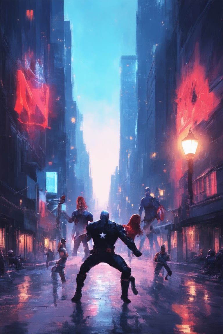 A vibrant, neon-lit cityscape at dusk, with towering skyscrapers and bustling streets. In the midst of this Marvel-inspired metropolis, a gleaming bright red and blue logo of the iconic superhero franchise dominates the frame, surrounded by dynamic action poses of Iron Man, Captain America, Black Widow, and Thor. The soft glow of streetlights and building lights casts an urban glow, while bold shadows define the characters' powerful stances.