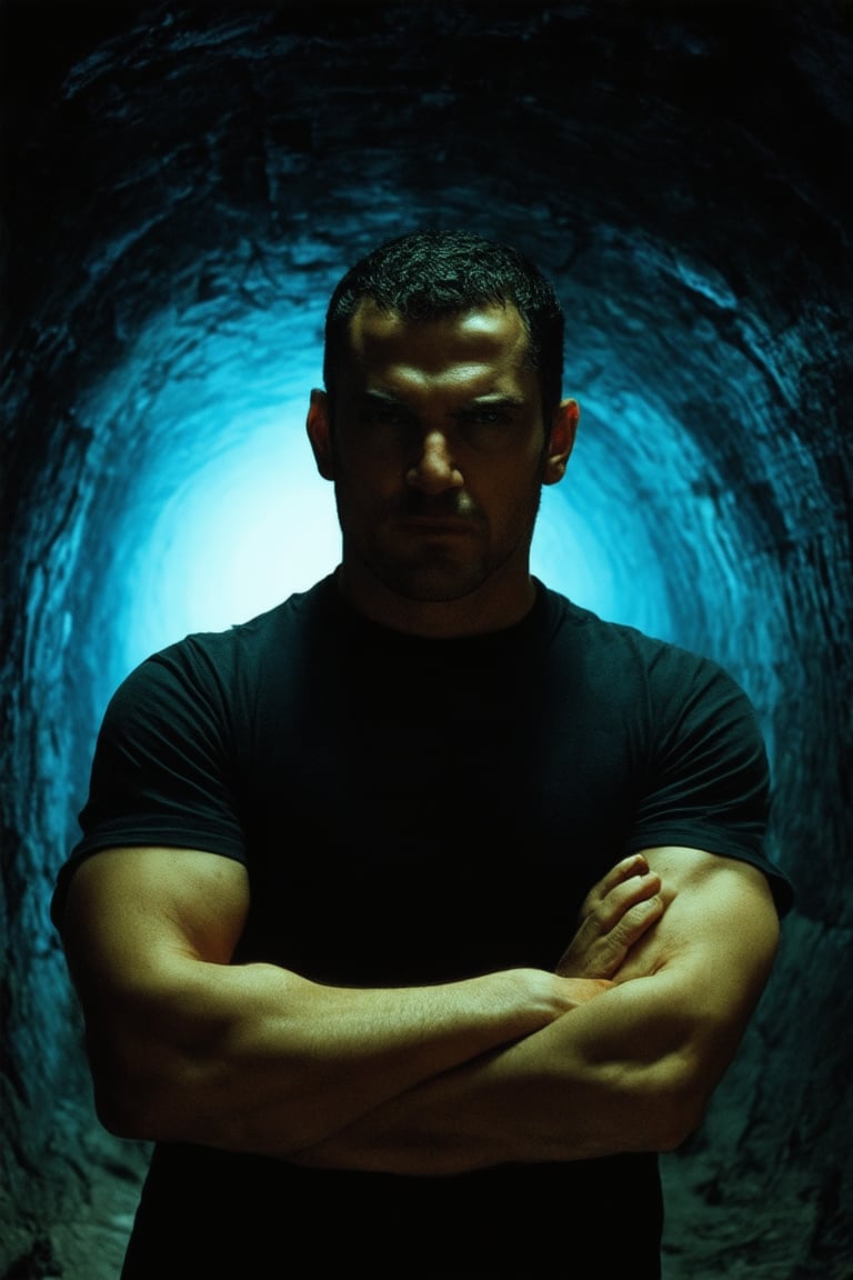 A close-up shot of Jero's determined face, with a hint of sweat on his forehead and a fierce glint in his eyes. He's standing in a dimly lit underground tunnel, the walls cracked and worn. A faint blue light emanates from the tunnel's edges, casting an eerie glow. Jero's arms are crossed, exuding a sense of defiance.