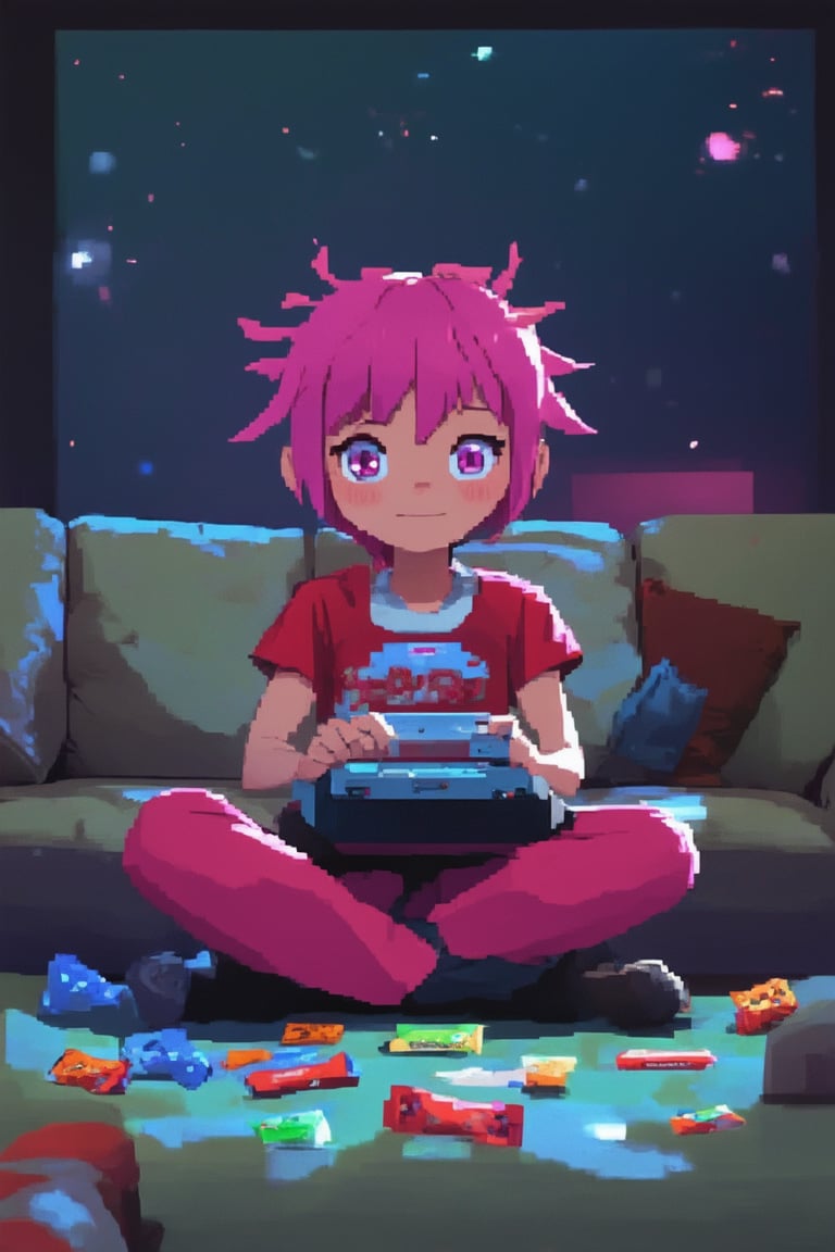 A young gamer sits cross-legged on a plush couch in a dimly lit room, surrounded by scattered game controllers and snack wrappers. The character's bright pink hair is styled in a messy bob, and their eyes gleam with excitement as they hold a worn-out gaming console. A hint of pixelated light emanates from the screen, casting an otherworldly glow on their determined face.