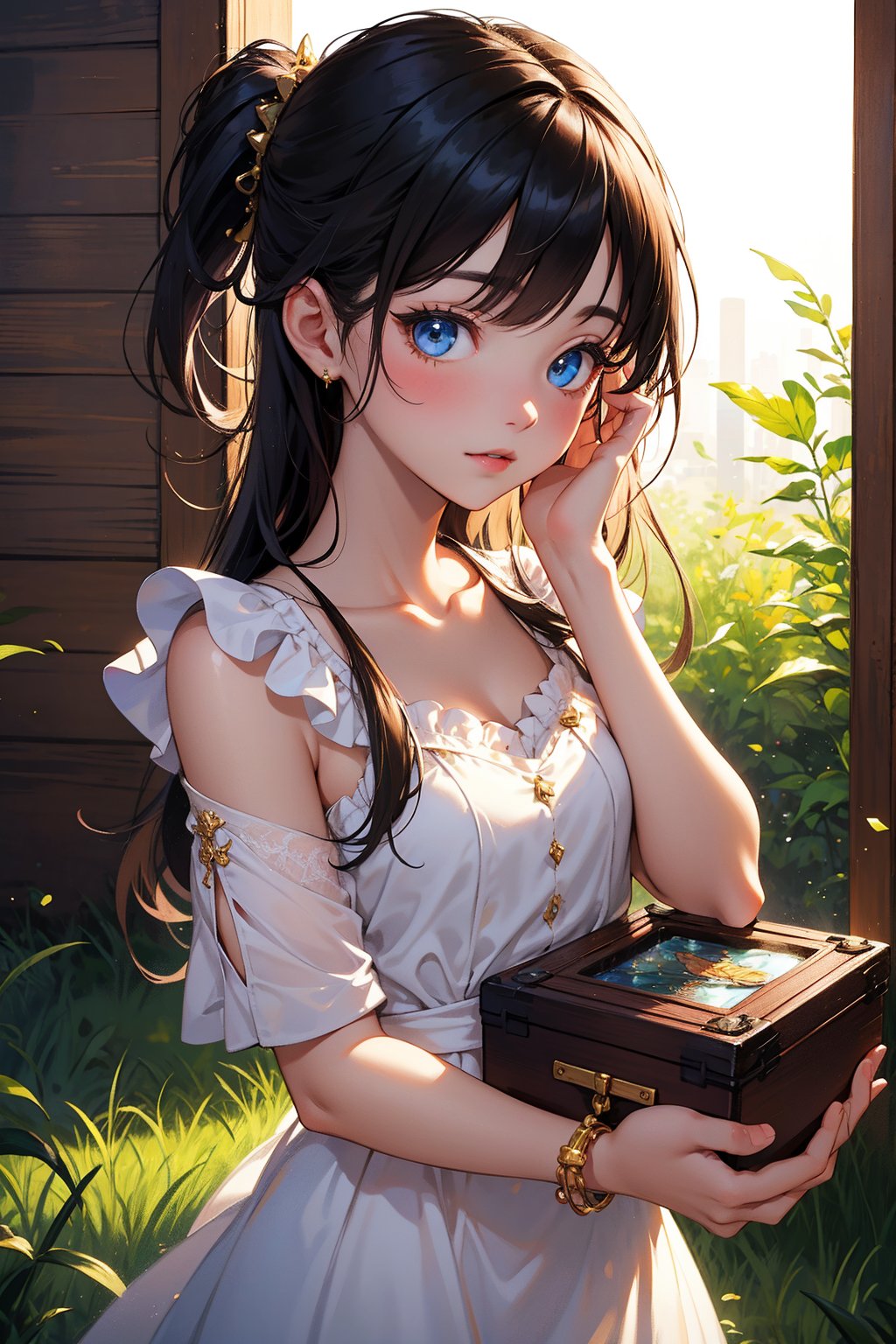 In a dreamlike atmosphere, a cherubic young girl sits in a lush green meadow, her delicate features illuminated by soft, golden light. Her bright blue eyes sparkle with innocence as she holds up a small, intricately detailed box, her petite fingers forming a subtle V shape around it. The camera zooms in for a close-up, highlighting the tender curve of her cheeks and the wispy tendrils of her hair.