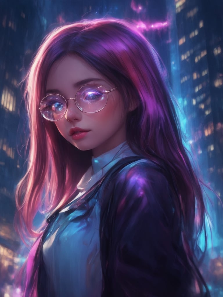 In a neon-lit cyberpunk cityscape, a captivating girl with clear glasses shines like a beacon. Framed against a majestic skyscraper, she stands confidently, her pose exuding charm. Golden ratio details harmonize the composition, while intricate textures and decadent design elements dance across her futuristic attire. The digital painting boasts 32k UHD resolution, featuring smooth, sharp focus on every aspect of her enchanting face. Her eyes, a masterpiece of detail, sparkle with an inner light, as if ever after high. Artgerm's style shines through in this concept art, showcased on Artstation and rendered with Loish-like finesse by Wlop. Light leaks and subsurface scattering create a captivating glow, while rim lighting adds depth to her profile. The vibrant complementary colors and sharp focus bring the entire scene to life, as if lifted from a fantasy novel's cover.