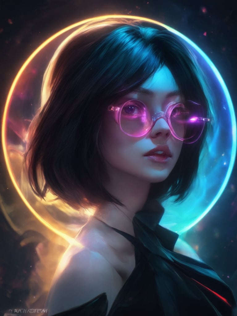 A cyberpunk beauty dons clear neon glasses, her gaze piercing through the futuristic night. Framed by a golden ratio composition, she stands amidst a decadent backdrop of intricate digital art. Her face, a masterpiece of detailed features, radiates warmth and charm under rim lighting that accentuates her eyes. The sharp focus on her features is rivaled only by the vibrancy of the complementary colors in the deep background. Subsurface scattering and light leaks add an air of whimsy to this UHD illustration, reminiscent of Artgerm's style.