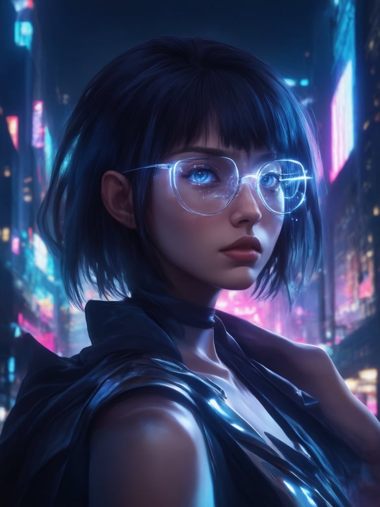 In a dystopian metropolis, a cyberpunk girl with clear neon glasses and an edgy haircut poses against a backdrop of neon-lit skyscrapers. Framed by the golden ratio, her intricate features are rendered in high detail, with smooth, sharp focus on her eyes and face. Her outfit is a blend of fantasy and cyberpunk elements, with flowing fabrics and metallic accents. The scene is bathed in beautiful lighting, with subtle light leaks and rim light accentuating her features. The deep background features vibrant complementary colors, while the subject's detailed face and eyes shine like stars against the dark cityscape.