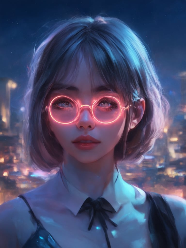 A cyberpunk maiden donning clear neon glasses, bathed in warm golden ratio harmonies. In a fantasy realm, she stands against a vibrant, intricately detailed cityscape at dusk. The camera captures her radiant features with smooth, 32k UHD clarity, as if illuminated by an otherworldly light. Her eyes shine like polished jewels, surrounded by delicate facial contours. A masterpiece of digital painting, reminiscent of artgerm's and loish's whimsical styles. Subsurface scattering and rim lighting accentuate her captivating presence, while subtle light leaks add a touch of magic to the atmosphere.