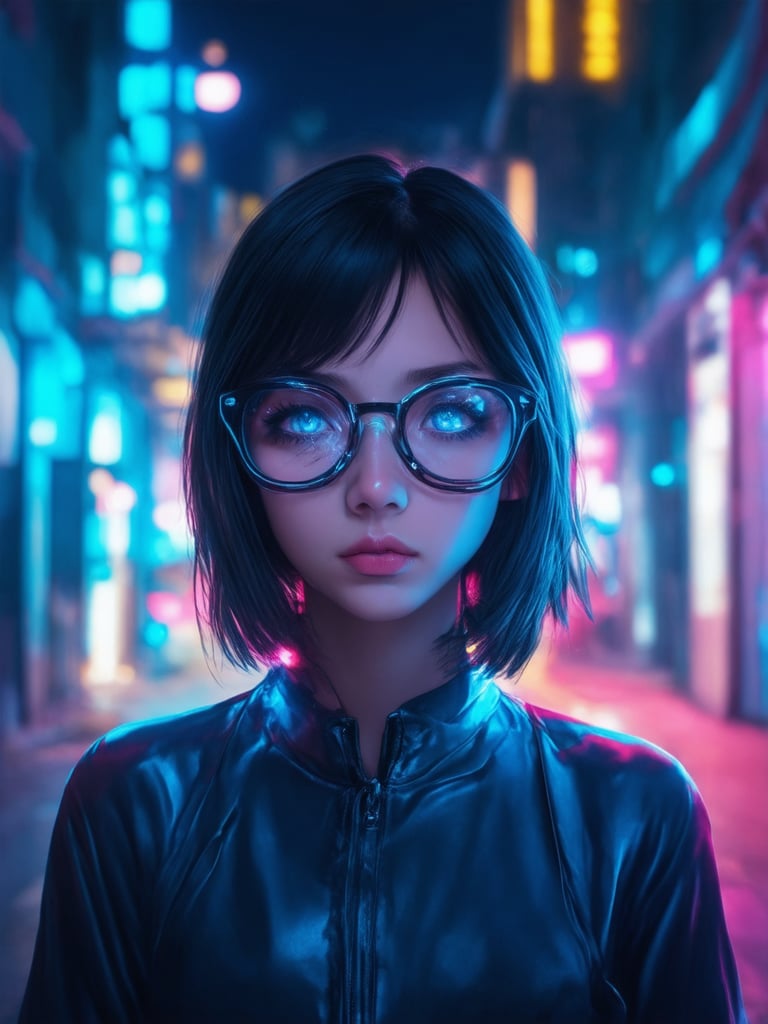 In a neon-drenched alleyway, a cyberpunk girl with clear glasses shines like a beacon. Framed by the golden ratio, her face is a masterpiece of intricate details. In 32k UHD, her eyes sparkle with charm, as she gazes out at a vibrant cityscape. Subsurface scattering and rim light accentuate her features, while light leaks add a touch of whimsy. The background hums with energy, as the city's pulse beats in harmony with her own.