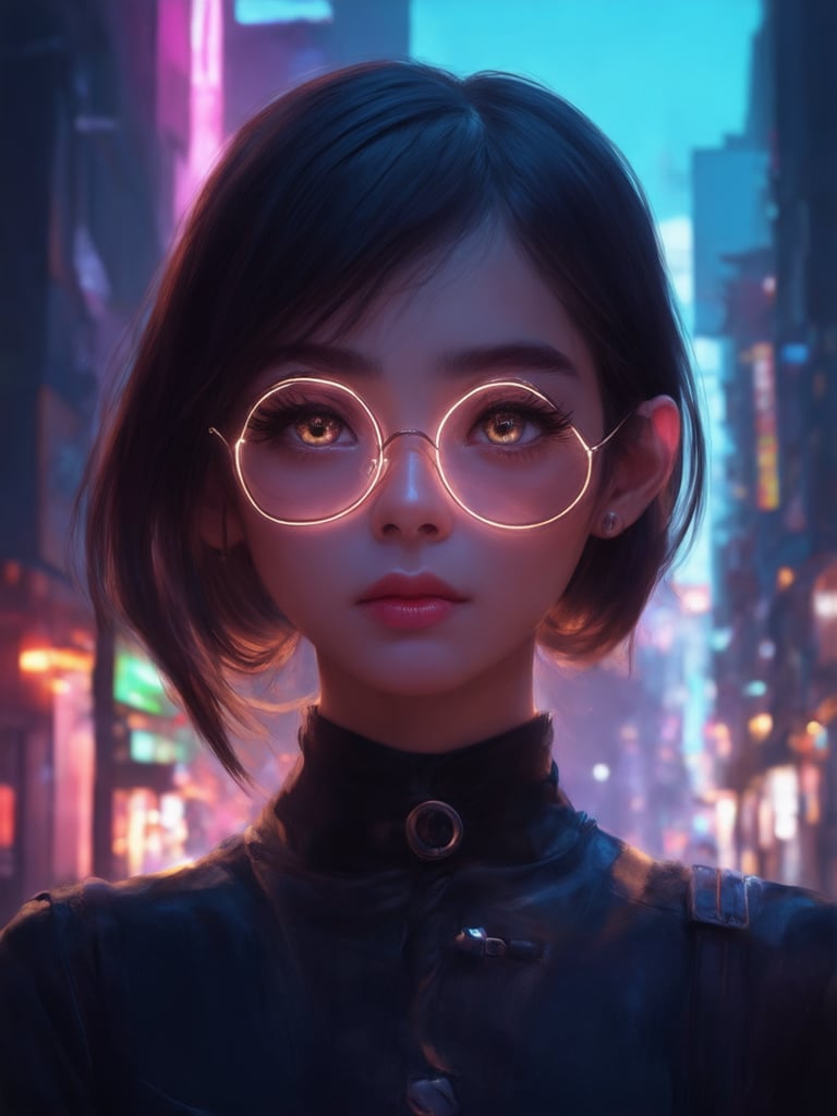 In a neon-drenched cyberpunk metropolis, a captivating girl gazes out with clear, glowing glasses. Her golden-ratio proportions are accentuated by intricate details on her face and attire. Shot in 32k UHD, the fantasy setting is brought to life through digital painting techniques. The art style blends elements of Ever After High and Octane Render. Inspired by Artgerm, Loish, and Wlop, this masterpiece features detailed eyes, a sharp focus, and stunning lighting. Soft rim light caresses her face, while subtle subsurface scattering adds depth. Vibrant colors pop against the deep background, creating a heartwarming, uplifting, and charming atmosphere.