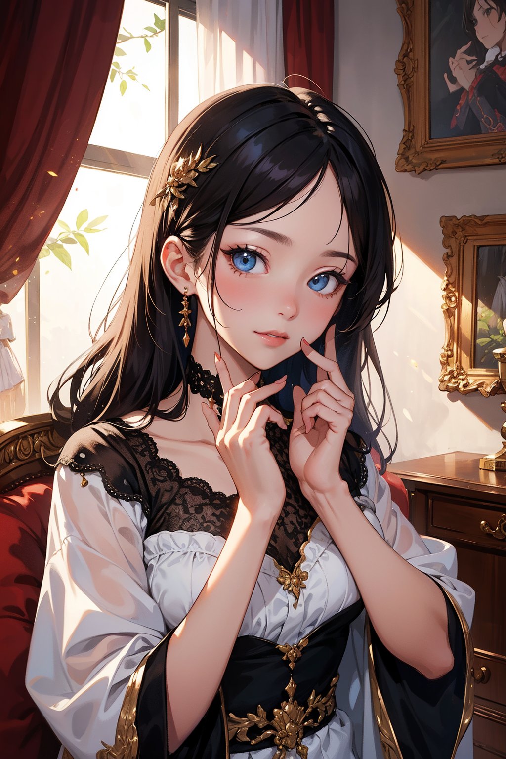 A masterpiece of surreal elegance: A close-up portrait of a single girl exudes an aura of cuteness as she poses with a subtle 'V' hand sign. Intricate details on her face and attire shimmer in the soft, diffused light, drawing the viewer's attention to every delicate feature. The composition is masterfully framed, emphasizing the subject's uniqueness.